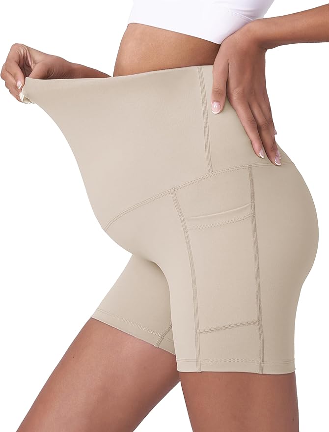 POSHDIVAH Women's Maternity Yoga Shorts Over The Belly Bump Summer Workout Running Active Short Pants with Pockets 5"/8"