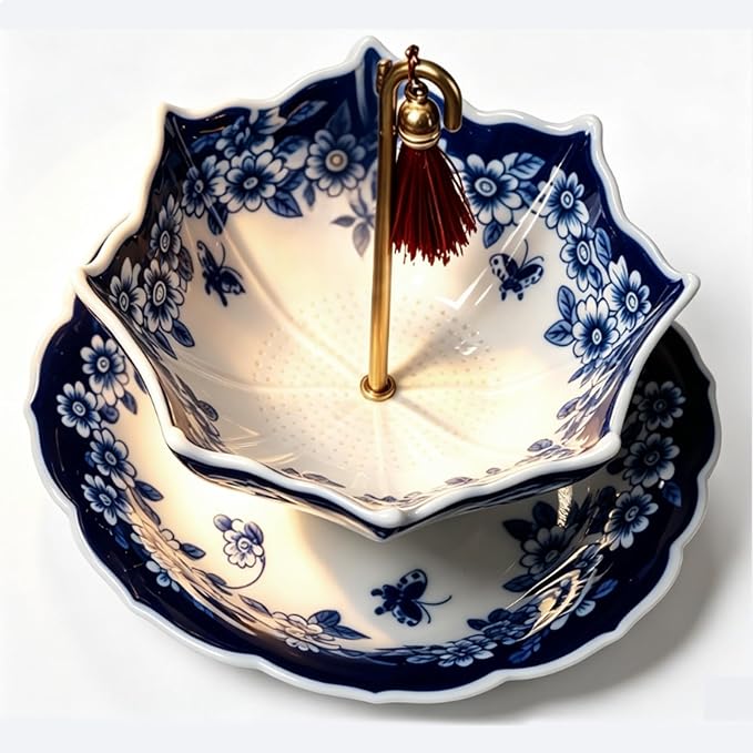 Umbrella Tea Strainer, Blue and White Porcelain | Umbrella Shape Ceramic, For Loose Leaf Tea, Rotating Design, Coffee Brewing Filter