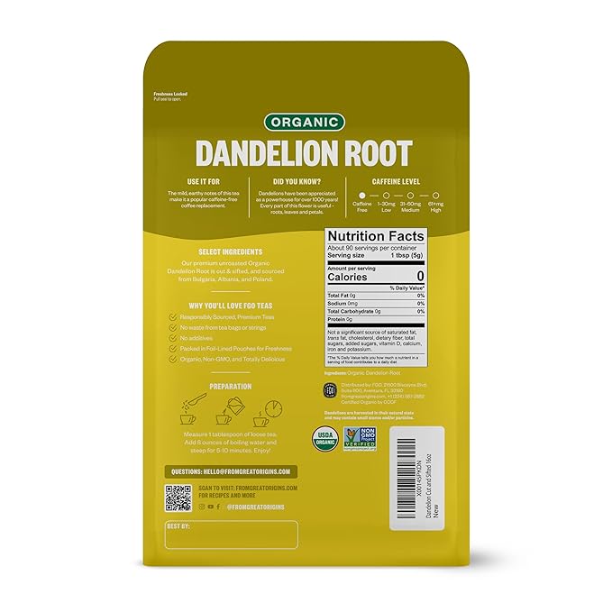 FGO Organic Dandelion Root Loose Tea, Cut and Sifted, Caffeine Free, 16oz Bulk Resealable Bag, Packaging May Vary (Pack of 1)