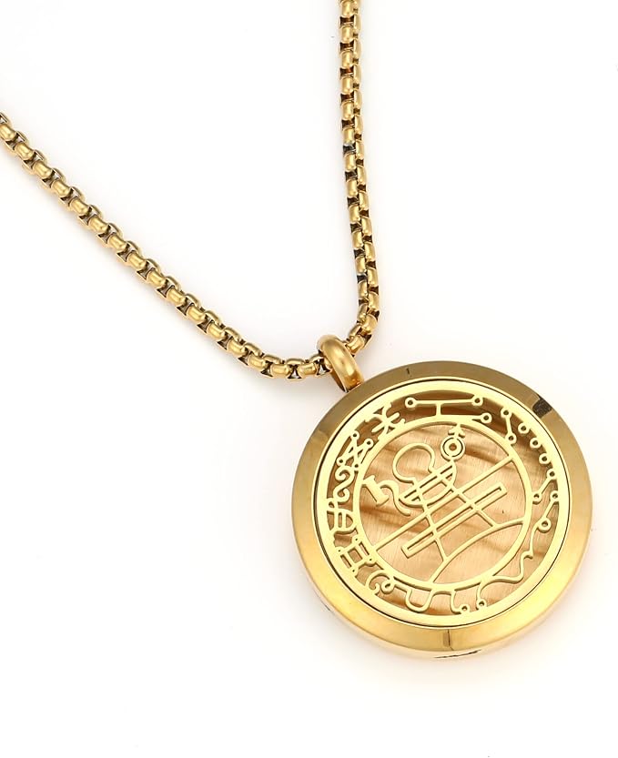 18K Gold Protection Secret Seal of Solomon Wealth Fortune Amulet Essential Oil Necklace, 316L Stainless Steel Best for Aromatherapy-Perfume, Fragrance, Scent Diffusers for Gift
