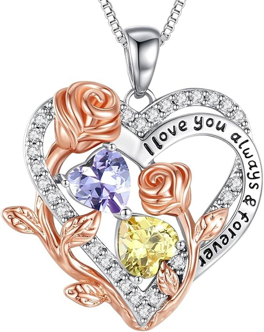 I Love You Birthstone Necklace, 925 Sterling Silver Heart Pendant with CZ Diamond Stones, Birthday Gifts for Women, Romantic Gift for Wife, Girlfriend, Her, Anniversary, Valentine's Day, Christmas