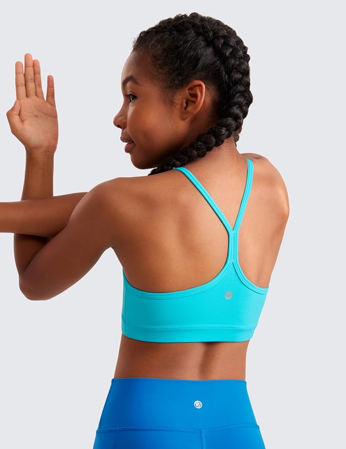CRZ YOGA Girls Butterluxe Y Back Sports Bra - Yoga Athletic Casual Tops Scoop Neck Spaghetti Strap Padded Crop Kids Teen