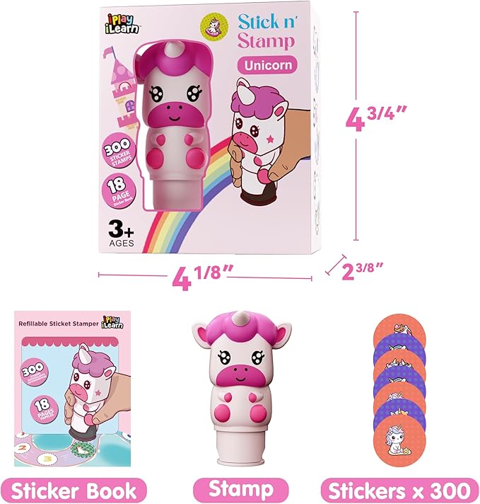 iPlay, iLearn Unicorn Stamp & Sticker Toy, 400+ Stickers & 18-Page Stamper Activity Book, Toddler Art Crafts Kit for Road Trip Travel, Creative Educational Birthday Gift 3 4 5 6 7 8 Year Old Girls Kid