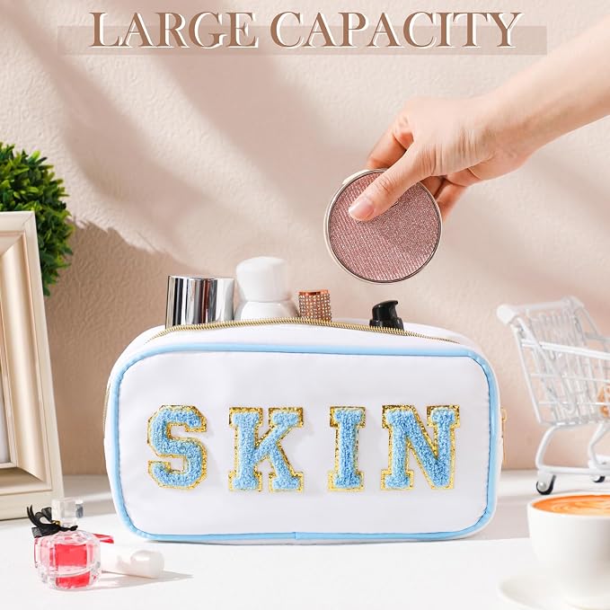 Preppy Makeup Bags Chenille Letter Stuff Bag Nylon Cosmetic Pouch Cases with Zipper for Women Travel Toiletry(White Set,Novel,4 Pcs)