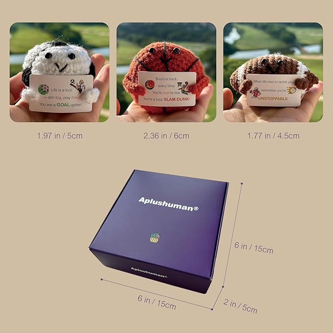 3-PCS | Sports Mania Crochet Set | Basketball Football Rugby Positive Plush | Handmade Emotional Stuffed Toys with Wooden Stand & Inspirational Cards | Mental Health Decor Gift for Fan Teens Adults