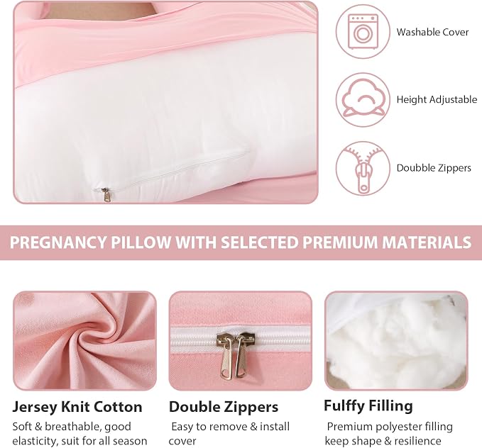 Amagoing Pregnancy Pillow, 57 Inch U Shaped Maternity Full Body Pillow for Sleeping, Support for Women with Hip, Leg, Back Pain, Washable Jersey Cover, Gift for Pregnant Women (Pink)