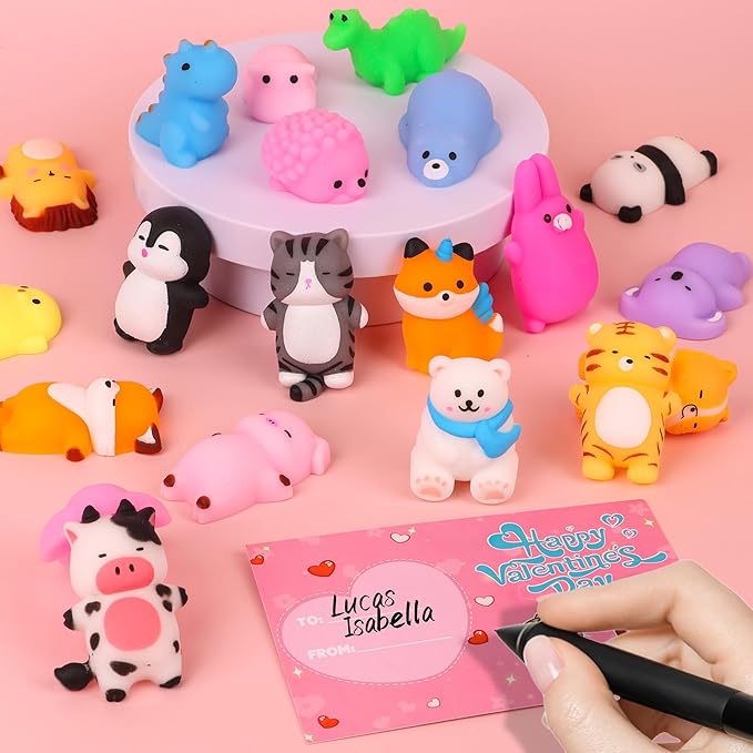 28 Pack Valentines Day Gifts for Kids Classroom Cute Mochi Squishies with Valentines Day Cards for Kids School, Valentines for Kids Class Exchange Cards Gifts Prizes Party Favors for Boys Girls