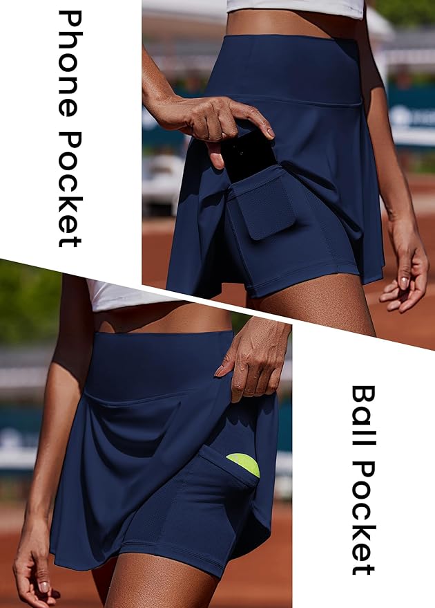 PINSPARK Womens Tennis Skirt Pleated Athletic Golf Skorts with Pockets | 3.5" High Waisted, Mesh Built-in Shorts, Mini Skirt, Buttery-Soft, Quick-dry, for Tennis, Golf, Pickleball, Casual