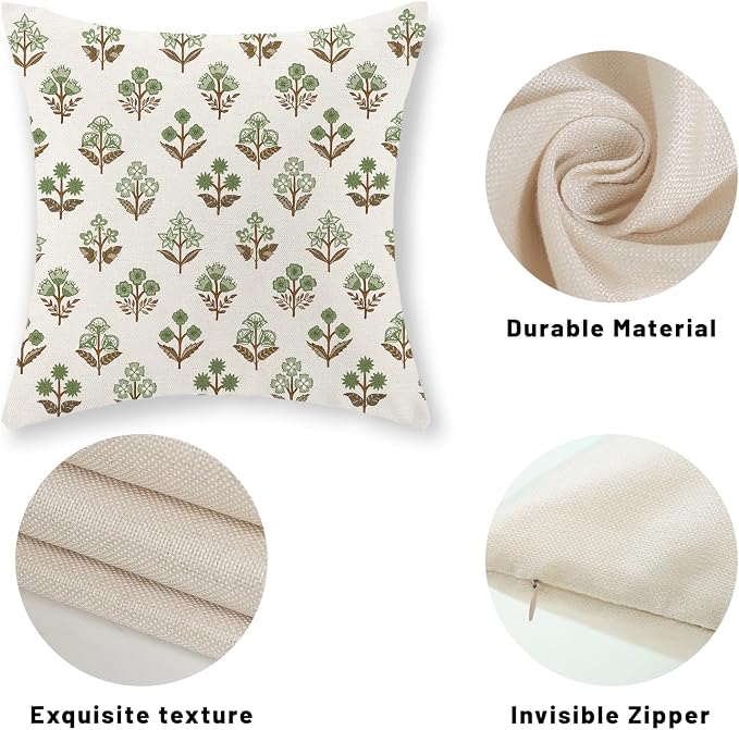 Farmhouse Floral Block Print Pillow Covers 18x18 Set of 2, Vintage Rustic Decorative Throw Pillows Modern Flower Cushion Covers for Sofa Couch Bed Living Room Home Decor, Sage Green Brown