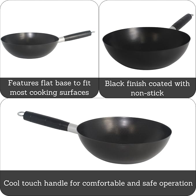 IMUSA 9.5 Inch Carbon Steel Nonstick Wok with Cool-touch Handle, Black | Cool-Touch Handle, Ideal for Stir Fry, Great for Everyday Meals