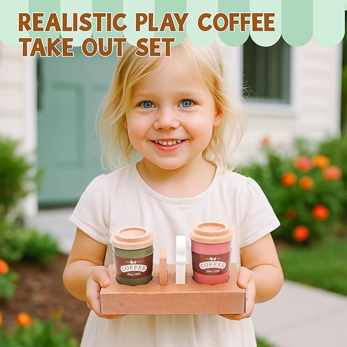 Kids Coffee Playset Toy Coffee Maker Set for Toddler Wooden Kitchen Accessories Pretend Play for Girls Boys Ages Birthday Gifts