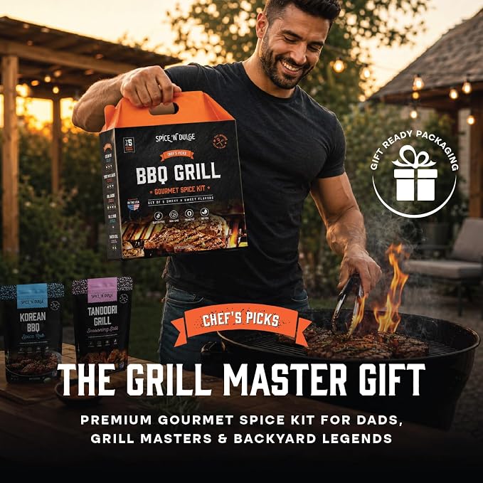 BBQ Grilling Rubs & Grill Seasonings Gift Set, 5 Gourmet Smoking Spice Rub Packs & Smoker Accessories, Spices Kit, Grilling Gifts For Men, Him, Dad, Husband, Gluten-Free, Kosher, Fathers Day Gift For Dad