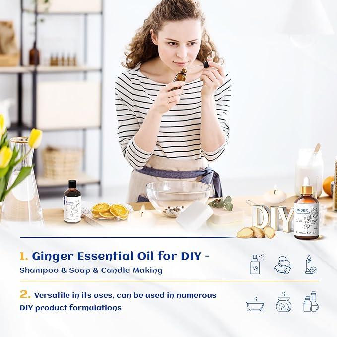HIQILI 1 Fl Oz Ginger Oil, Ginger Essential Oil for Hair, Massage, Skin - 30ml | Warming Sensation for Body & Joint Comfort, Soothe Tired Muscles, Enjoy a Cozy Calming Space - 30mL / 1.01 fl.oz