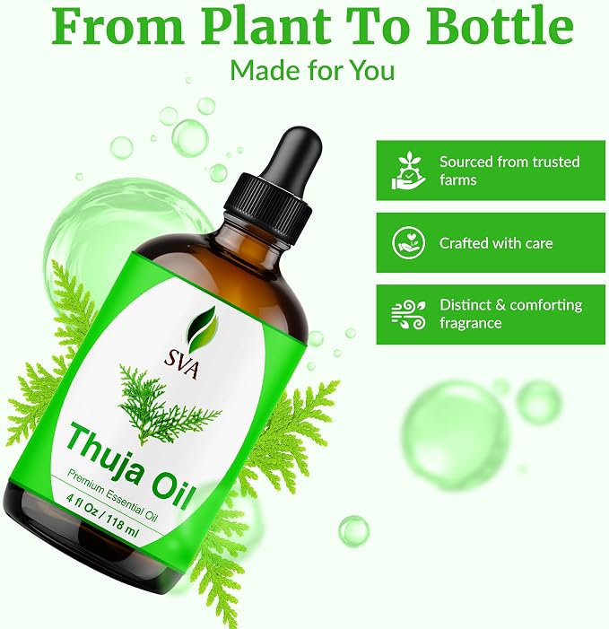SVA Thuja Essential Oil 4 Fl Oz – for Diffuser, Skin & Hair Care – Ideal for Massage & DIY Blends - with Dropper