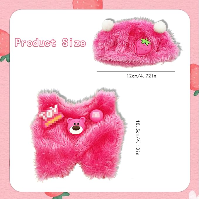 17cm Clothes Set(NO Doll),Hat & Overalls Set for 17cm Accessories Suit,Stylish Adorable Dolls Clothes Accessories,Cute Clothes for Dress up Unique Style (Pink Strawberry Bear)
