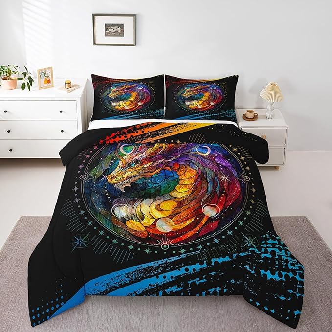 Feelyou Dragon Comforter Set Toddler Size Dragon Stuff Comforter for Boys Girls Teens Wild Life Bedding Set Dragon Decor Duvet Set Room Decor Black Orange Yellow Quilt Set