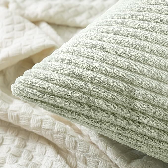 MIULEE Decorative Corduroy Throw Pillow Covers Set of 2 18x18 Light Green | Soft Striped Textured Cushion Cases, Boho Natural Greenery Pillowcases for Home Decor, for Couch Chair Sofa Bed Living Room