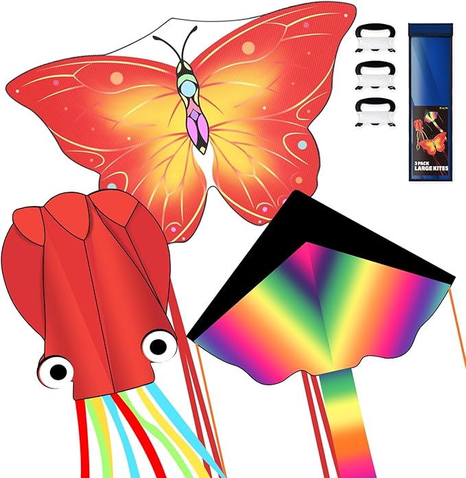 3 Pack Large Kites, Easy to Fly Large Butterfly, Giant Red Octopus & Colorful Delta Kite for Beach Trip - Perfect Kites for Kids Ages 4-8 8-12, Gifts for Easter and Festival