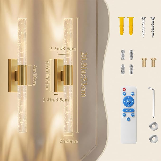 camuucci Battery Operated Wall Sconces Set of 2, Rechargeable Wall Lights | 12000mAh Long-Lasting Battery,Dimmable Cordless Sconce,,No Wiring Needed for Bedroom,Living Room,Gold 20.9-Inch