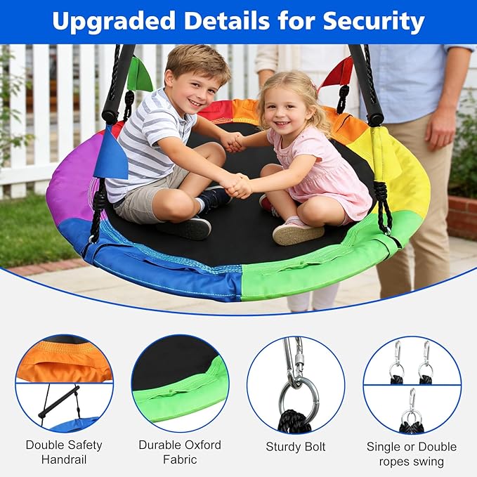 40 Inch Saucer Tree Swing for Kids Adults - 900Lb Weight Capacity, 900D Waterproof Oxford Fabric Platform Swing Seat with Safety bar and Adjustable Hanging Straps for Backyard or Outdoor Playground