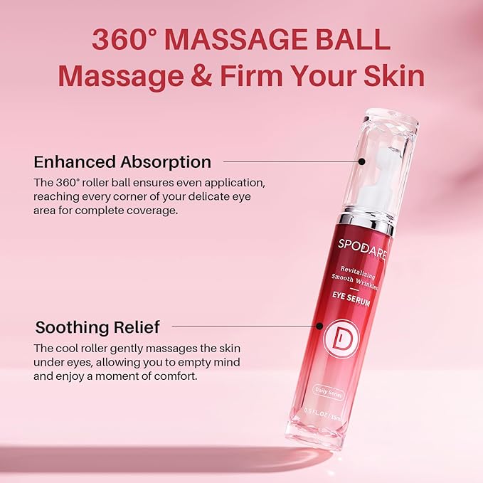 SPODARE Caffeine & Retinol Eye Serum for Dark Circles, Puffiness and Wrinkles, Under Eye Cream with Hyaluronic Acid, Niacinamide & Peptides, Roller Serum with 360°Massage Ball - 0.5 fl. oz