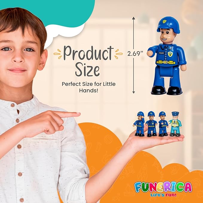 FUNERICA Police Officer Toy Figures- 4 Detailed Policeman & Police Chief - Imaginative Play Action Figures for Toddlers & Kids Roleplay - Little People Figurines - Mini Community Helpers