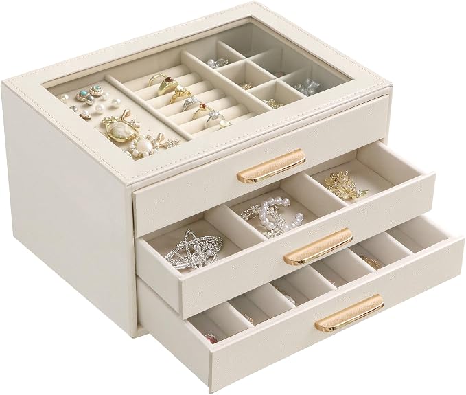 Homeanda Jewelry Boxes Organizer with Glass Lid, 3-Layer PU Leather, Beige | Modern style display case with 3 drawers for daily jewelry, women, mom or girl gift