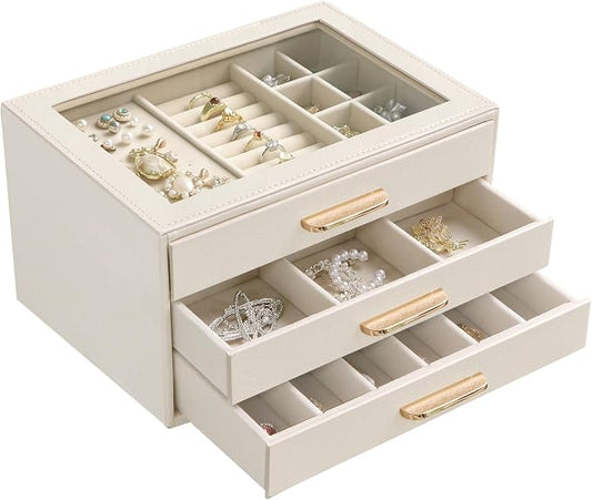 Homeanda Jewelry Boxes Organizer with Glass Lid, 3-Layer PU Leather, Beige | Modern style display case with 3 drawers for daily jewelry, women, mom or girl gift