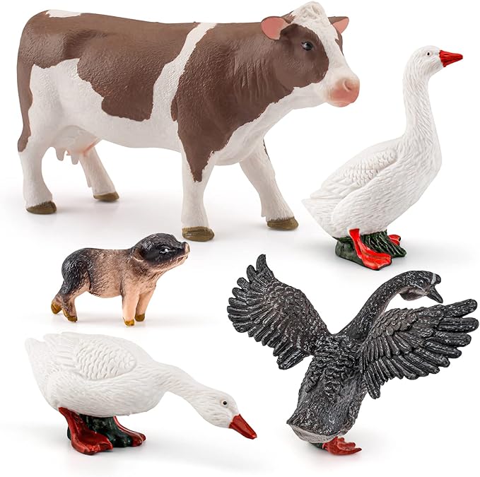 LC JoyCre 5PCS Goose Toy Goose Figurine Cow Toy Piggy Animal Figure for Toddlers Preschool Animals Figures Eduactional Project Diorama Model for Kids 3 4 5 6