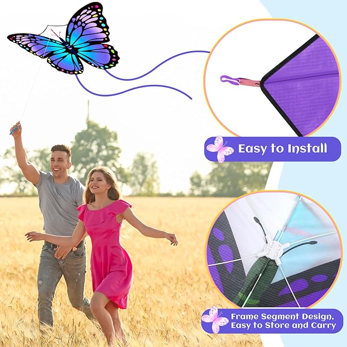Silipull 3 Pcs Butterfly Kite 55" x 28" Large Kites with 328ft Kite String Beach Colorful Kites for Adults Beginner Outdoor Supplies (Rainbow and Blue Purple)
