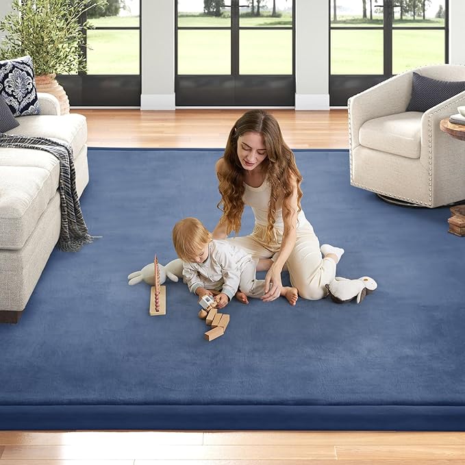 Baby Play Mat for Floor Nursery Rug Muscle Mat Area Rug Playroom Rug 79"x110" Playpen Mat Elastic Foam 1.3" Thick Crawling Mat for Babies,Toddlers, Infants, Kids,Sapphire Blue