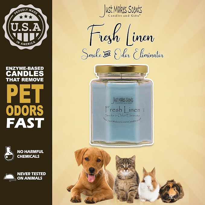3 Pack - Fresh Linen Scented Smoke and Odor Eliminator Candle - Odor Eliminating Scented Candles for Home - Neutralizes Cigarette, Food, and Pet Smells - Hand Poured in The USA