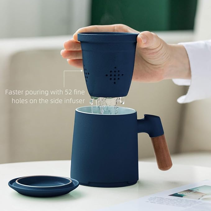 ZENS Tea Cup with Infuser and Lid for Loose Leaf Tea Steeper, 12oz Blue Ceramic Tea Mug with Fine Strainers, Wood Handle, Tea Lovers Gifts