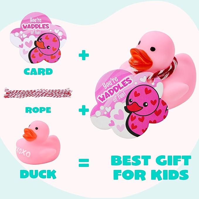 JOYIN 24 Pcs Valentine’s Day Gift Cards with Rubber Duck for Kids,Mini Rubber Duck Bath Toys for Classroom Exchange Prizes, Valentine Party Favors Toys