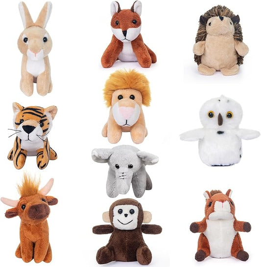 My OLi 10 Pack Plush Wild Animals Toys - 3.5 Inch Jungle Stuffed Animal Bulk Toys for Kids: Tiger Lion Elephant Monkey Hedgehog Rabbit Squirrel Owl Fox Bison