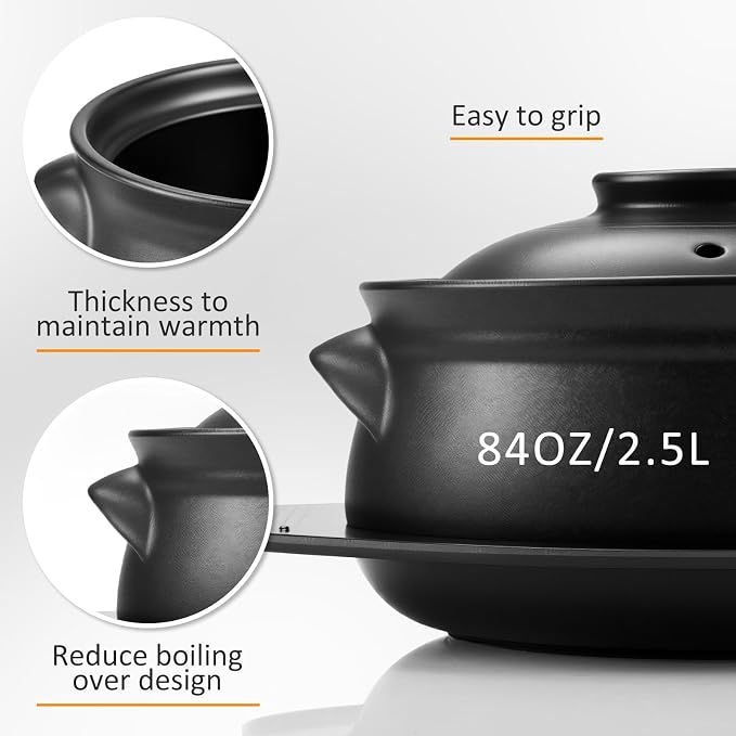 1 Pcs Korean Stone Pot Clay Cooking Pot Set Ceramic Sizzling Hot Bowl Korean Bibimbap Soup Dolsot Bowl with Lids for Ttukbaegi and Koreans Stew (84 oz)