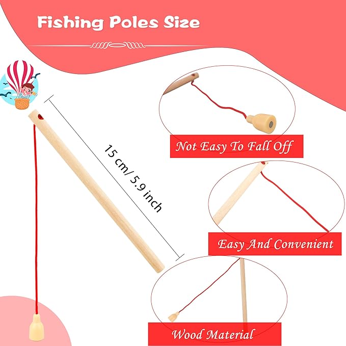 40 Pcs Magnetic Fishing Rod Wooden Magnetic Fishing Poles Mini Fishing Pole Toys for Preschool Girl Boy Pool Activity Accessory (Color Set 1)
