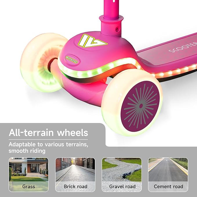 Kids Scooter, 3 Wheel Kick Scooter for Toddlers with Light Up Wheels, Lean-to-Steer Design, Adjustable Height Handlebar, Anti-Slip Deck, Ages 2–8