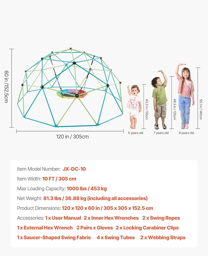 VEVOR Climbing Dome, 10FT Geometric Dome Climber with Saucer Swing, 1000LBS Loading Kid's Jungle Gym Playground, Easy-Assembly Outdoor Backyard Climbing Equipment for Boys Girls 3 to 10 Years Old