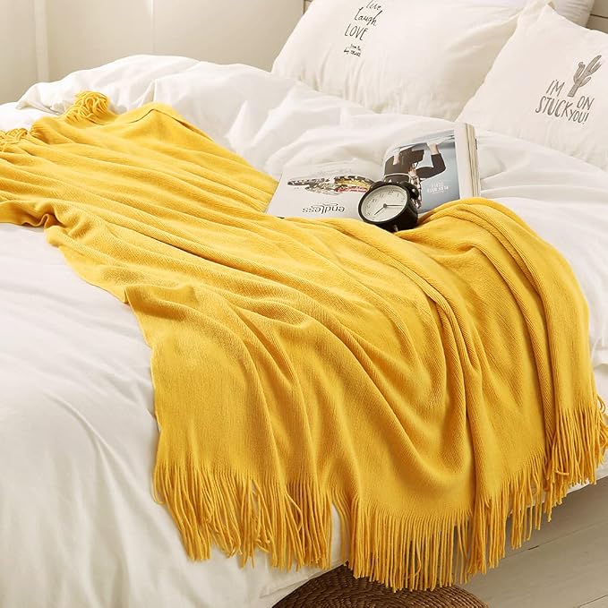 Homiest Yellow Knitted Throw Blanket with Fringe, 50x60 Inch | Pure Acrylic, Lightweight & Breathable, All-Season Use, Machine Washable, Wrinkle & Fade Resistant, for Couch Sofa And Bed