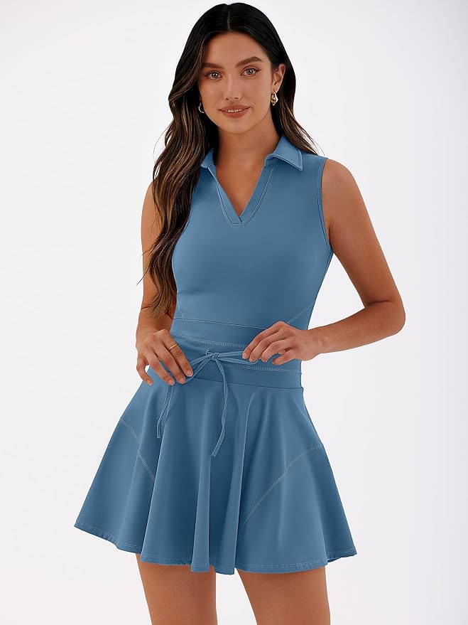 Caracilia Women's 2 Piece Tennis Dress Set-Polo Neck Sleeveless Mini Dresses with Shorts,Golf Casual Workout Athletic Sports