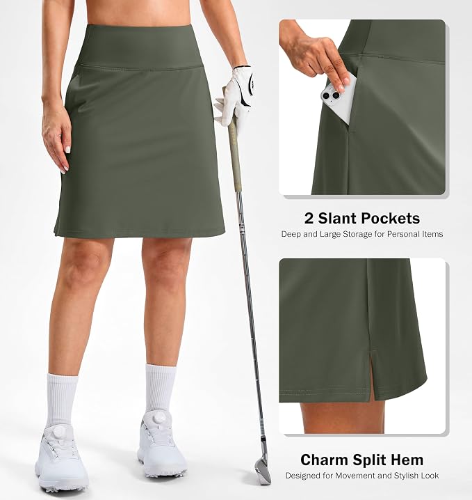 20" Skorts with 3 Pockets | Knee Length, High waisted, Slit Side, Casual, Summer, Travel, Athletic, Tennis, Golf, Skirts for Women