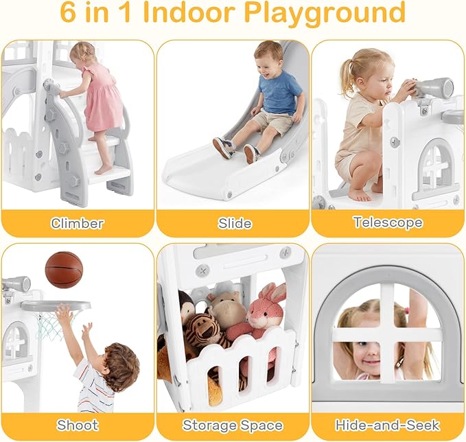 OLAKIDS Toddler Slide, 6 in 1 Kids Indoor Outdoor Playground with Climber Basketball Hoop Telescope Toy Storage for Boys Girls Aged 1+ (Grey, 27'')