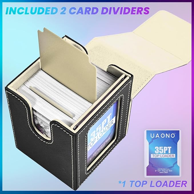 UAONO Card Deck Box with MTG Commander Display, Deck Case Holds 100+ Double-Sleeved Cards, Trading Card Storage Box Fits TCG/PTCG/Sports Card with 2 Dividers, 1 Top Loaders (Black, Gold)