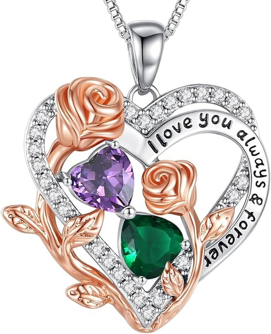 I Love You Birthstone Necklace, 925 Sterling Silver Heart Pendant with CZ Diamond Stones, Birthday Gifts for Women, Romantic Gift for Wife, Girlfriend, Her, Anniversary, Valentine's Day, Christmas