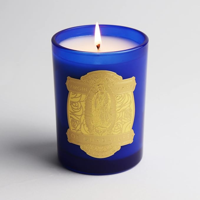 SAINT Virgin Mary of Guadalupe Scented Candle, Blue | Includes Prayer and Prayer Coin - Soy Coconut Aromatherapy Candle with 80 Hour Burn Time, Special Edition