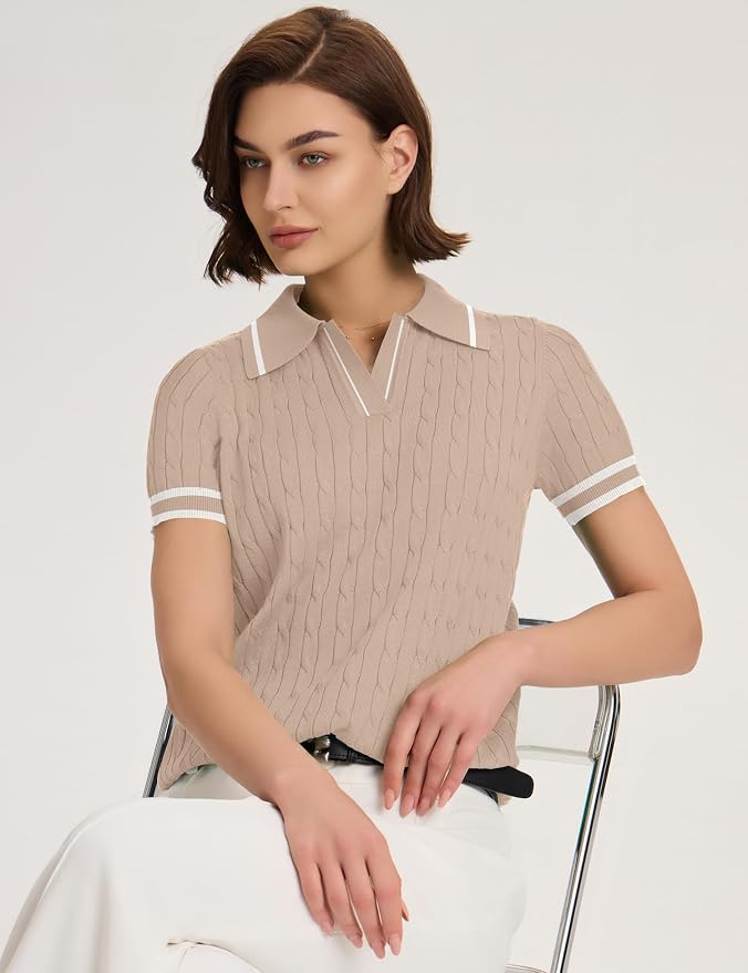 Micoson Womens Short Sleeve Sweater Tops Lapel V Neck Polo Shirts 2026 | Summer Cable Knit Loose Blouses, Business Casual Outfits