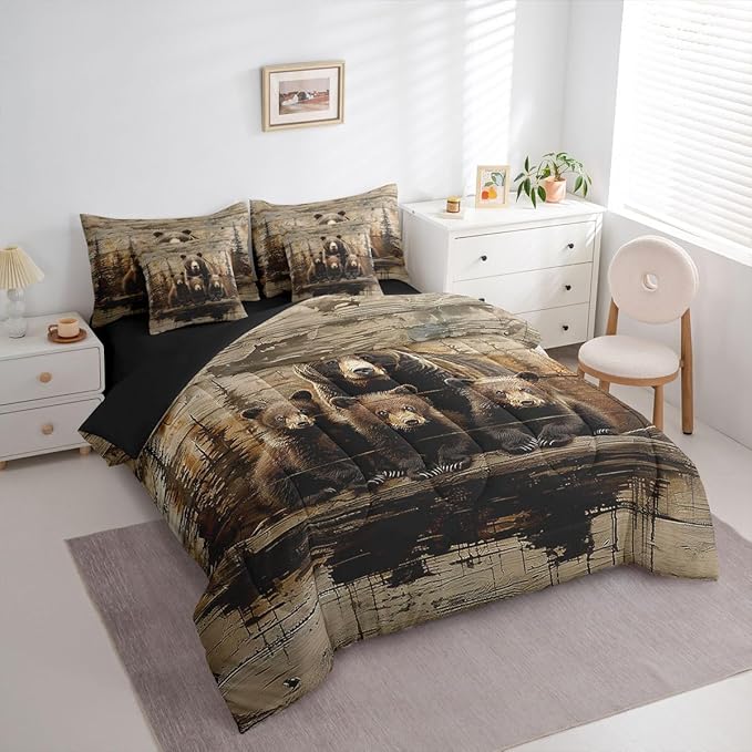 Feelyou Vintage Grizzly Bear Comforter Set With Sheets 7 Piece King Size Wild Animal Hunting Bedding Set for Kids Boys Girls Western Cabin Bed in a Bag Farmhouse Room Decor Soft Lightweight Microfiber