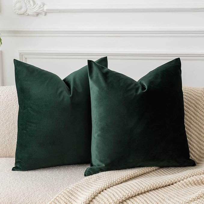 Throw Pillow Covers Set of 2 Velvet Cushion Covers 14x14,Army Green | Decorative Pillow Covers with Invisible Zipper for Couch Sofa Bed Living Room Bedroom Home Decor Christmas