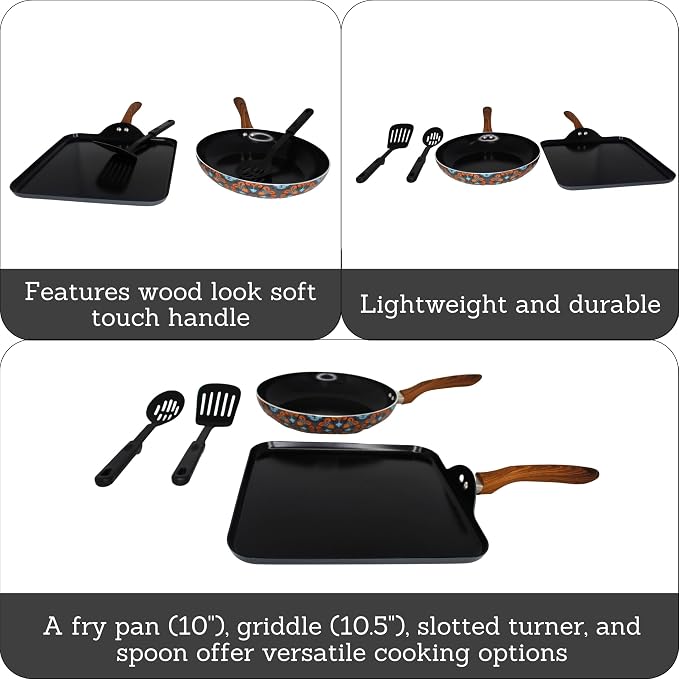 IMUSA Talavera Aluminum Black Ceramic Value Fry Pan & Square Griddle Set | Mexican design, Perfect for daily cooking